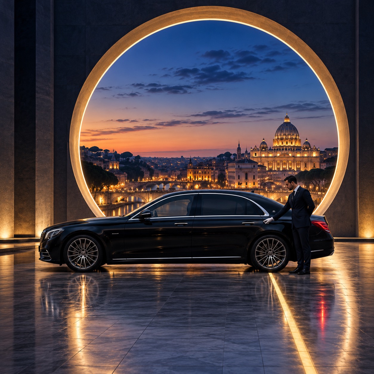 Limuzină VELOCE în fața Romei, la apus
